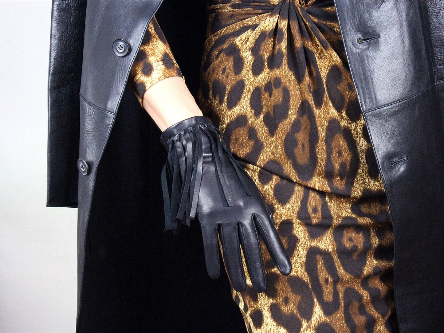 TECH GLOVES Real Leather Black Lambskin Sheepskin Wrist Long Short Fringe Cuffs