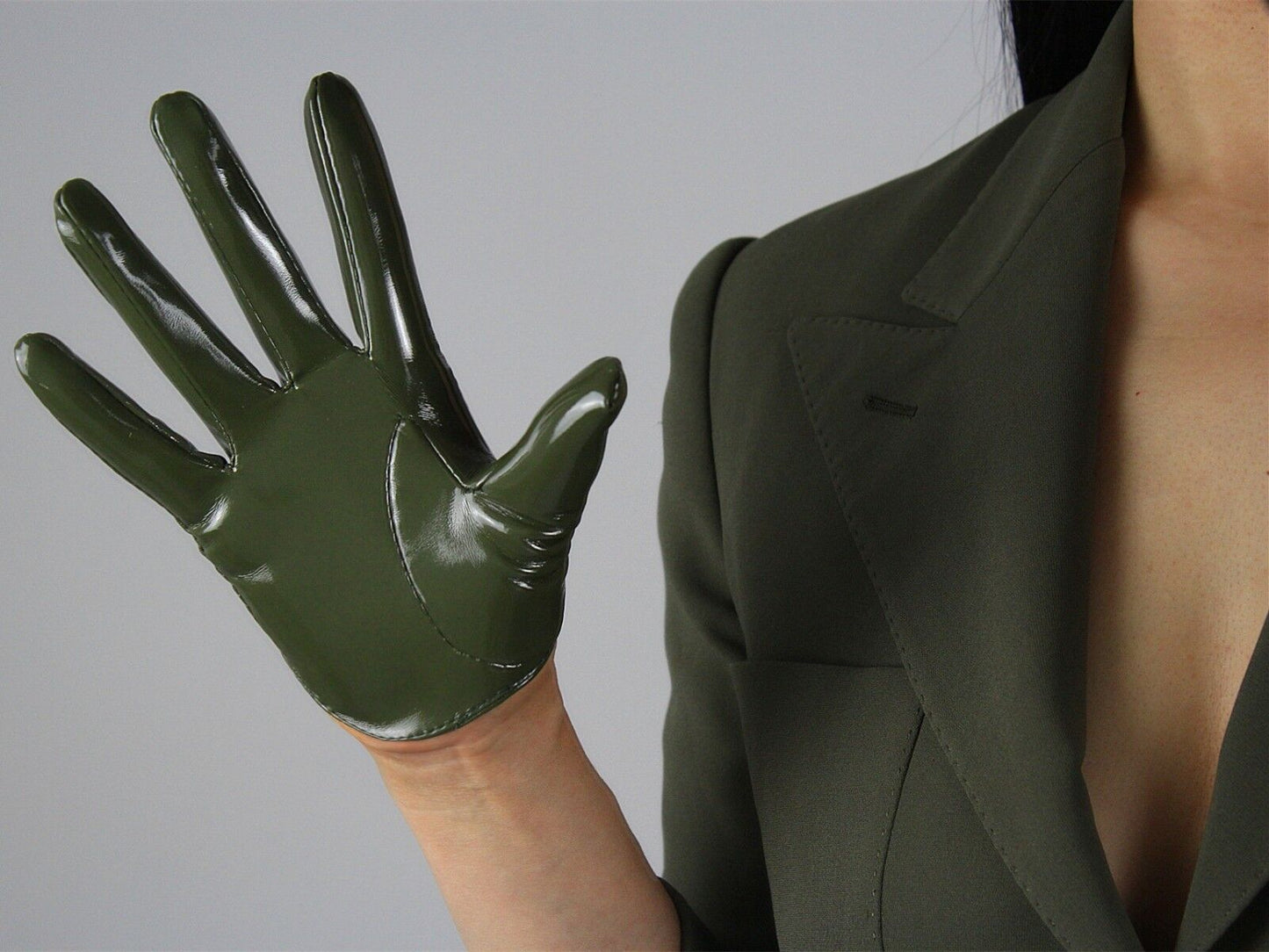 LATEX GLOVES Shine Leather Faux Patent PU 5" 13cm Extra Short Olive Army Green