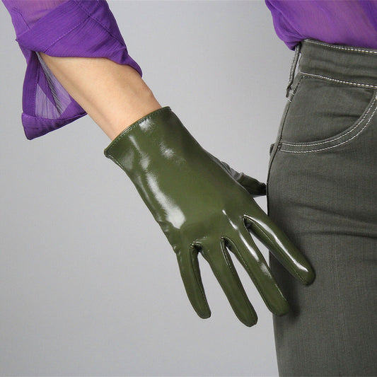 LATEX GLOVES Shine Leather Faux Patent 8" 21cm Short Wrist Olive Army Green