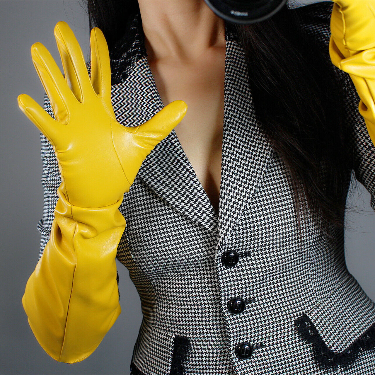 LONG GLOVES Faux Leather 50cm Ginger Mustard Yellow Loose Unisex PUFF SLEEVES L