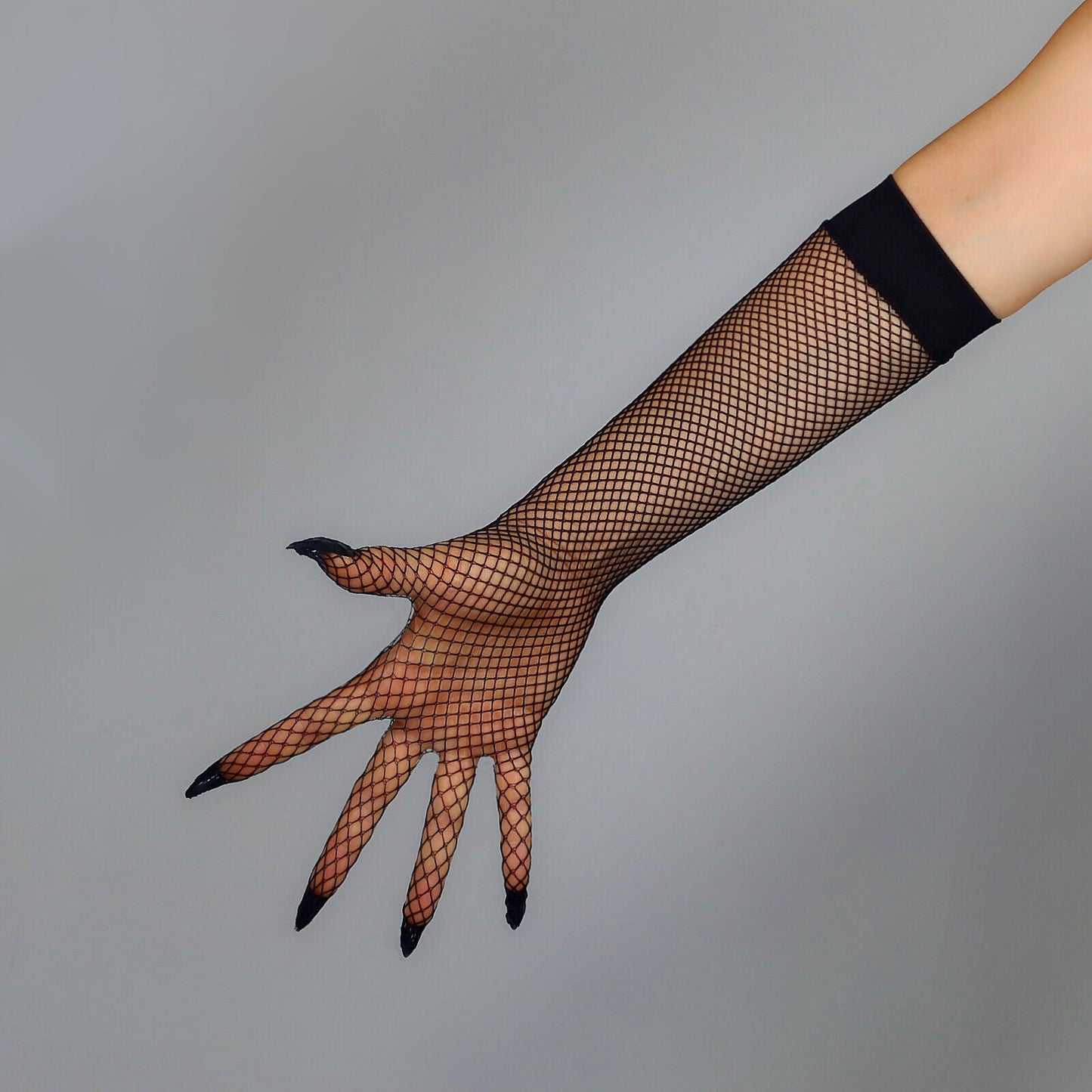 FISHNET LONG GLOVES Seamless Stretch Lace Mesh Tulle Sheer Touchscreen Black Elbow