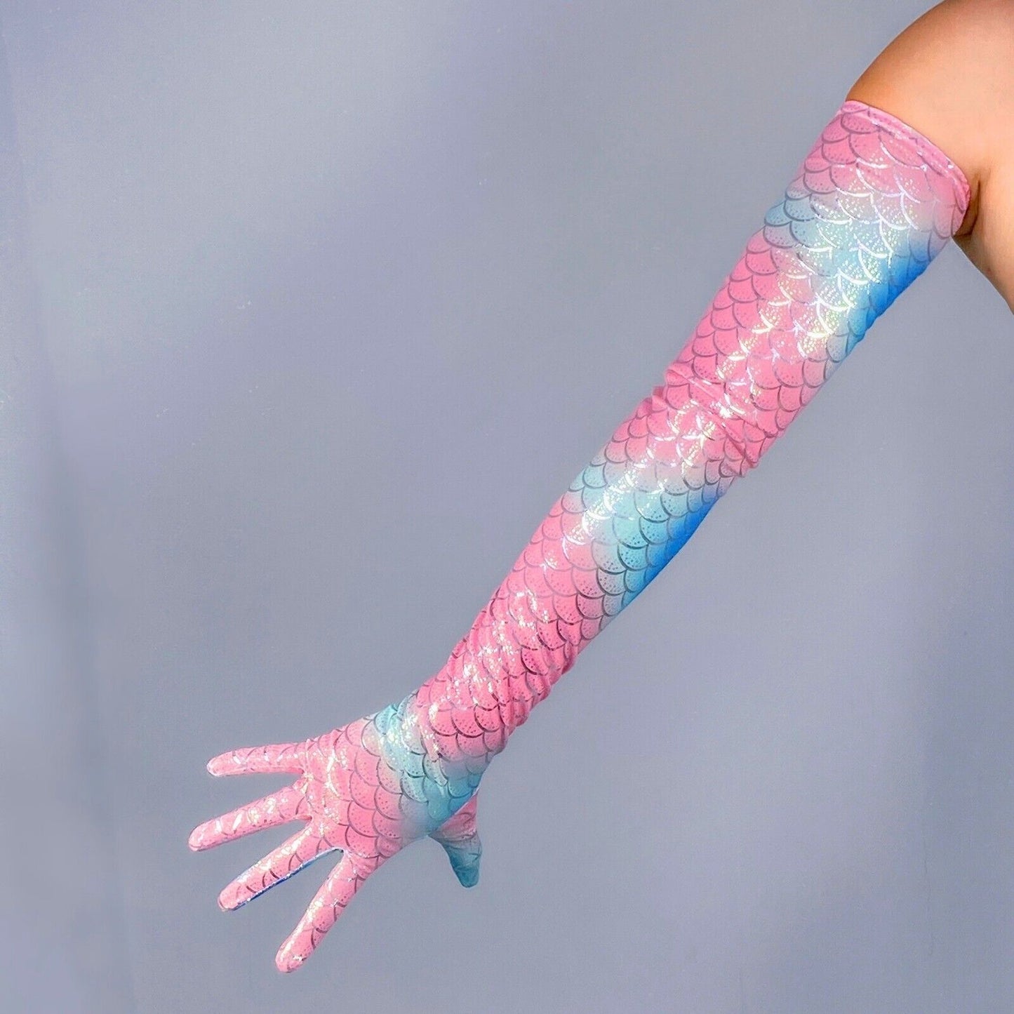 MERMAID GLOVES 28" 70cm Extra Long Baby Blue Pink Shine Silver Fish Scale FITTED