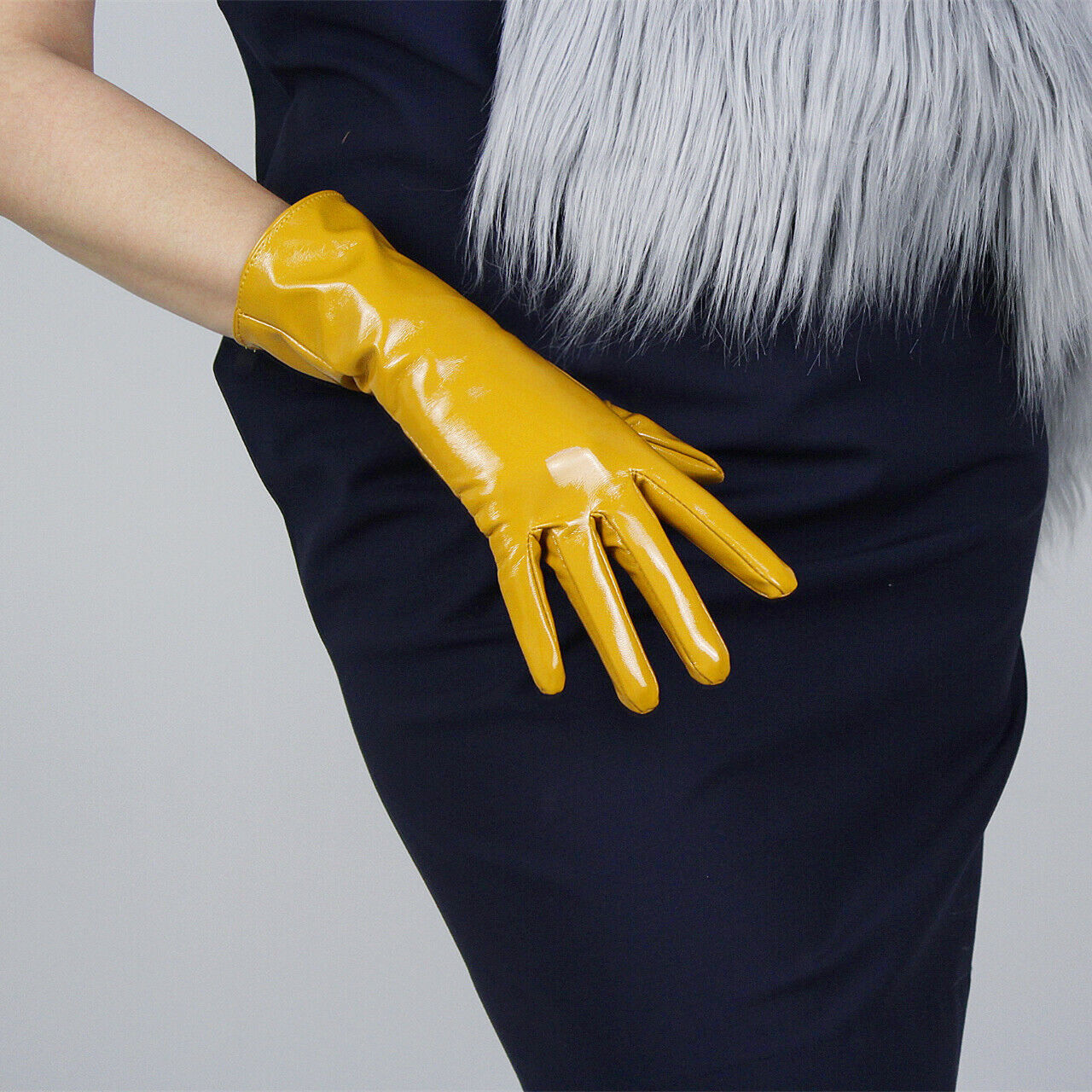 LATEX SHORT GLOVES Shine Leather Faux Patent PU 11" 28cm Wrist Ginger Yellow