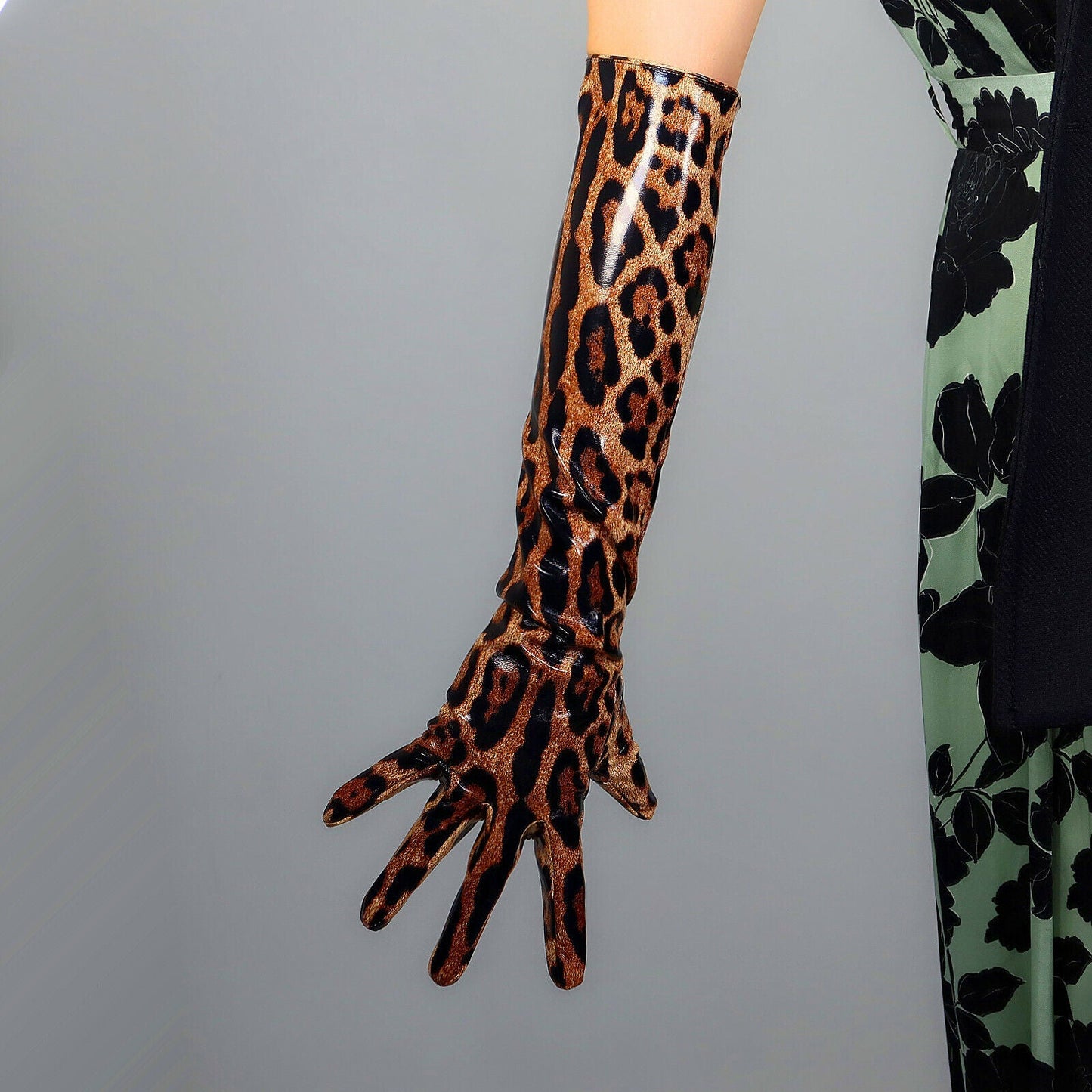 LATEX LONG GLOVES Faux Shine Patent Leather 20" 50cm Jaguar Leopard Slim Fitted