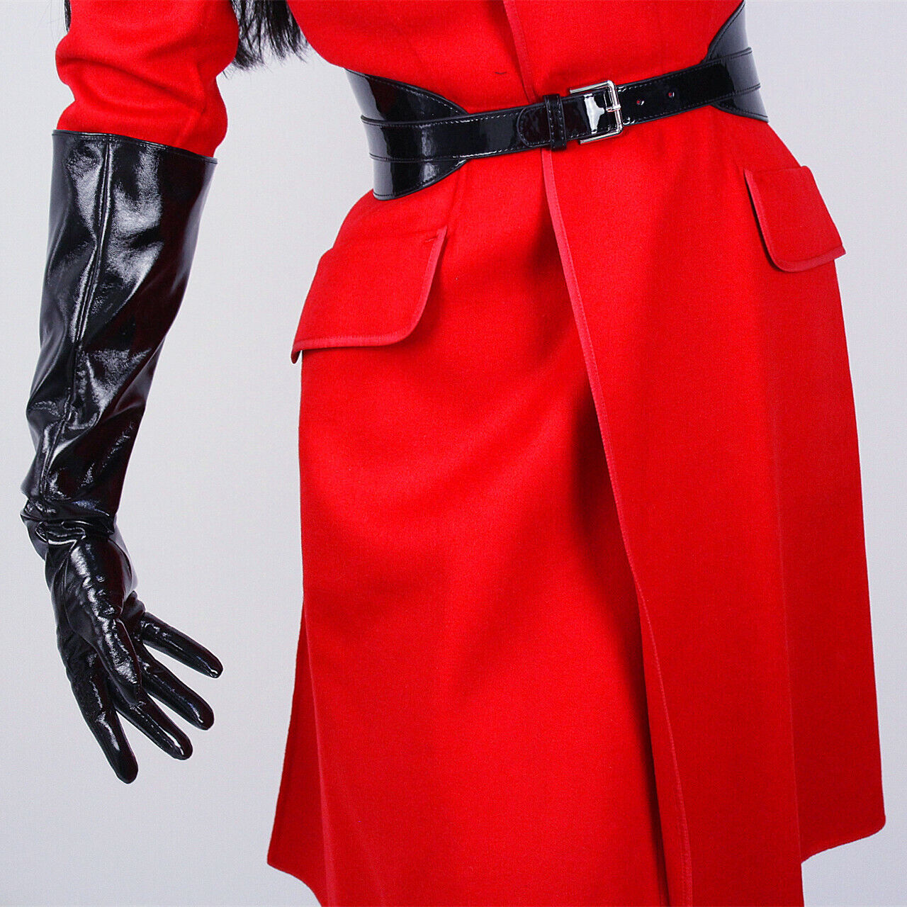 PATENT LONG GLOVES Unisex Faux Leather Elbow 50cm Large Shine Black PUFF SLEEVES