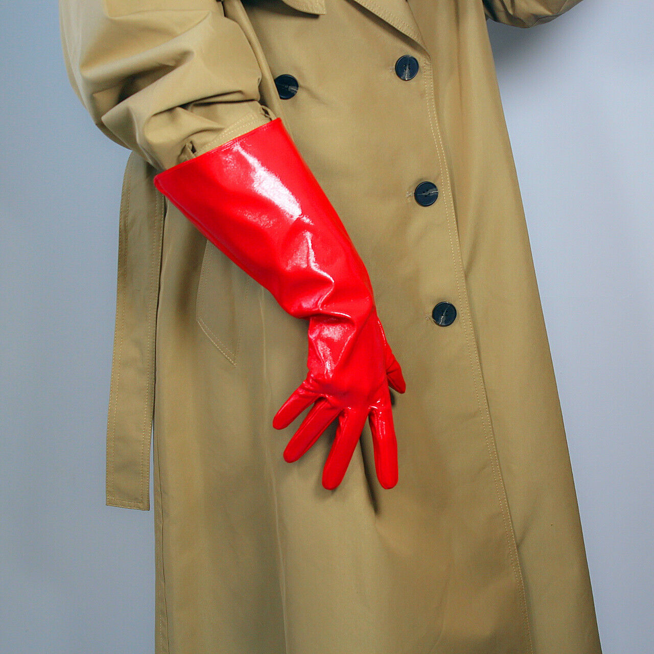 PATENT LONG GLOVES Unisex Faux Leather Wide Balloon Puff Sleeves Large Red 38cm