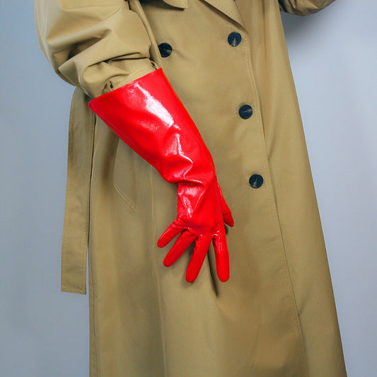 PATENT LONG GLOVES Unisex Faux Leather Wide Balloon Puff Sleeves Large Red 38cm