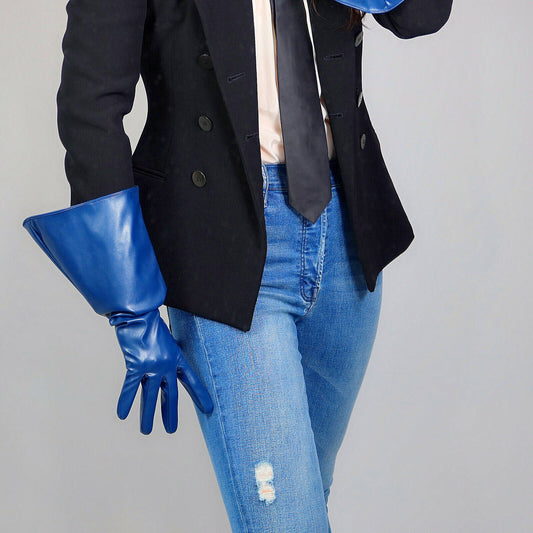 LONG FASHION GLOVES Faux Leather Sheepskin PU 15" 38cm Large Wide Sleeves Navy