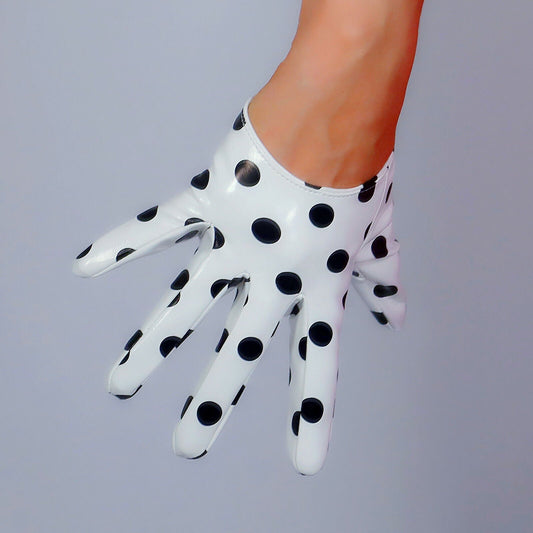 LATEX GLOVES Faux Shine Patent Leather 5" 13cm Extra Short Polka Dot Black White