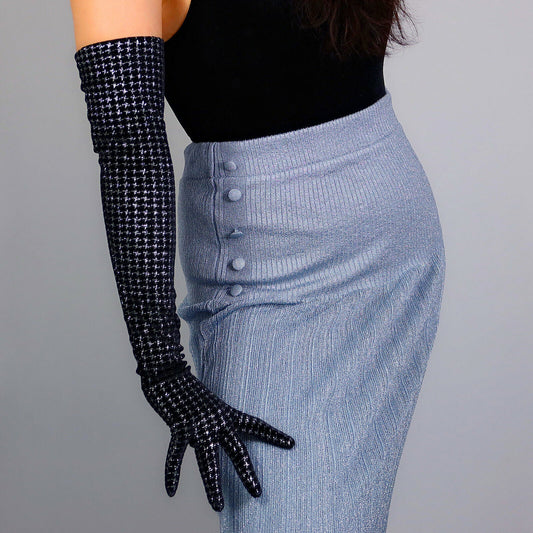 VELVET GLOVES 60cm 24" Long Stretch Black Silver Chips Sparkle Houndstooth TECH