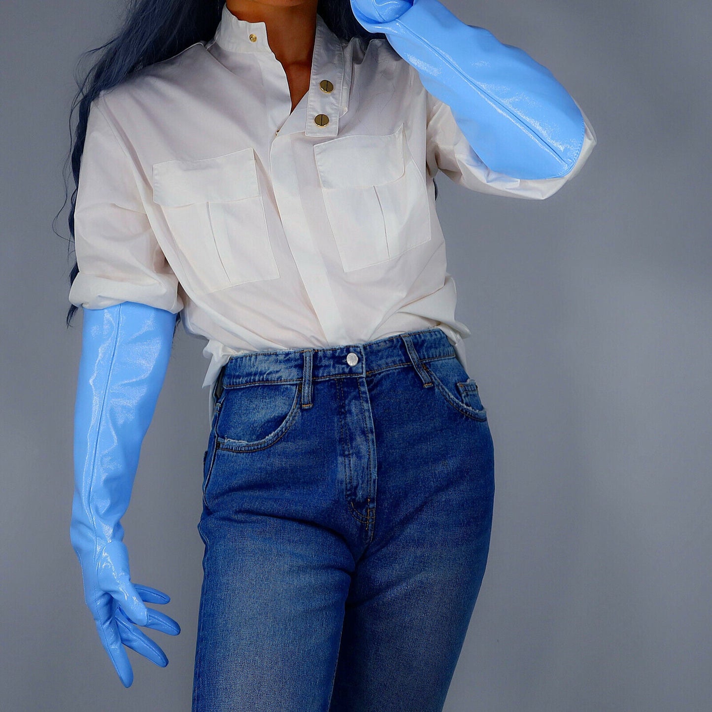 LATEX GLOVES 50cm Extra Long Puff Unisex Shine Leather Faux Patent POWDER BLUE