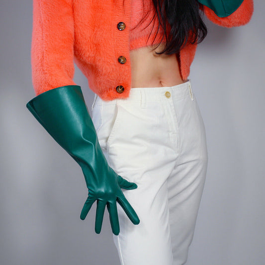 TECH LONG GLOVES Unisex Kelly Green Faux Leather 38cm Wide Balloon Puff Sleeves