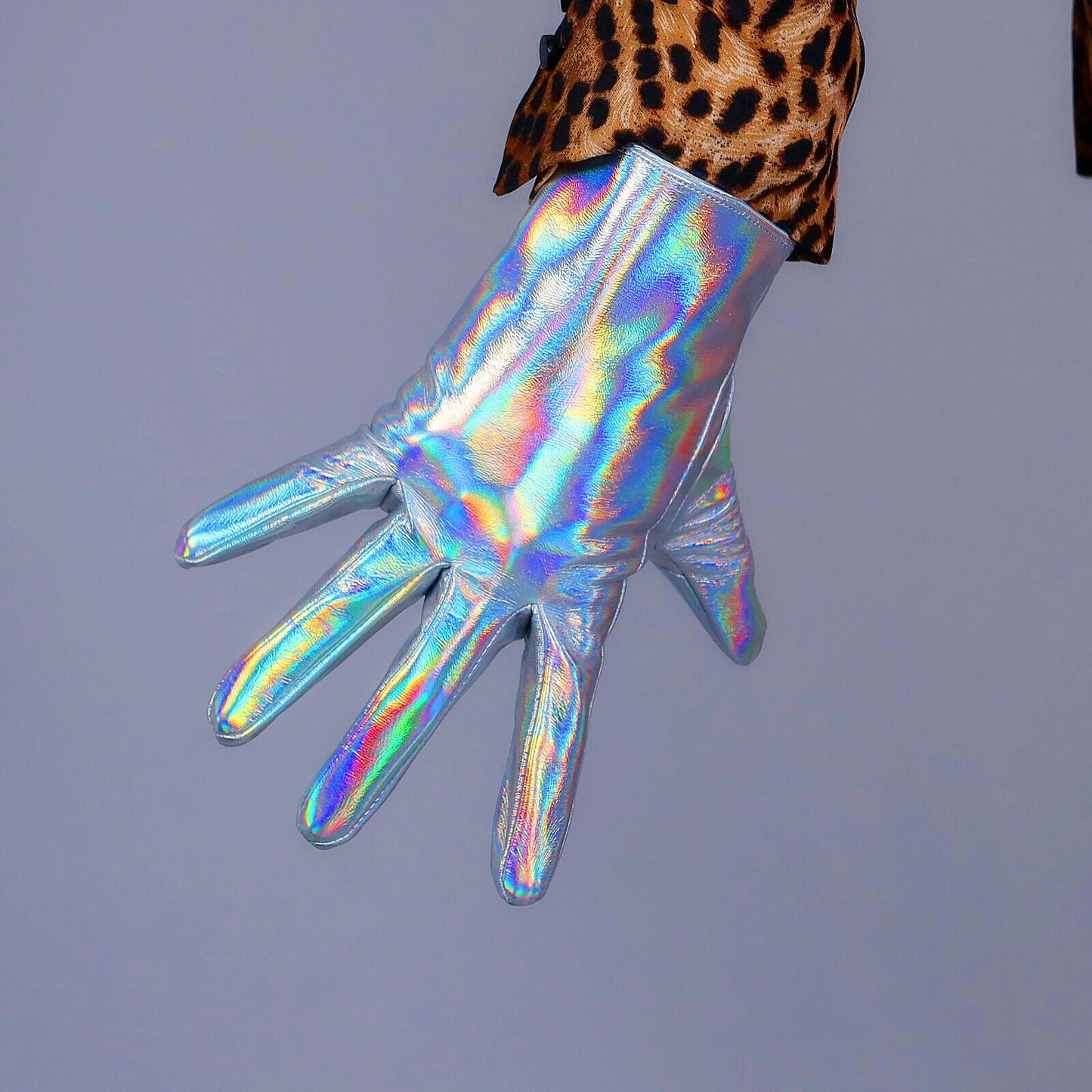 LATEX GLOVES Faux Patent Leather 8" 21cm Short Hologram Silver Mermaid Rainbow