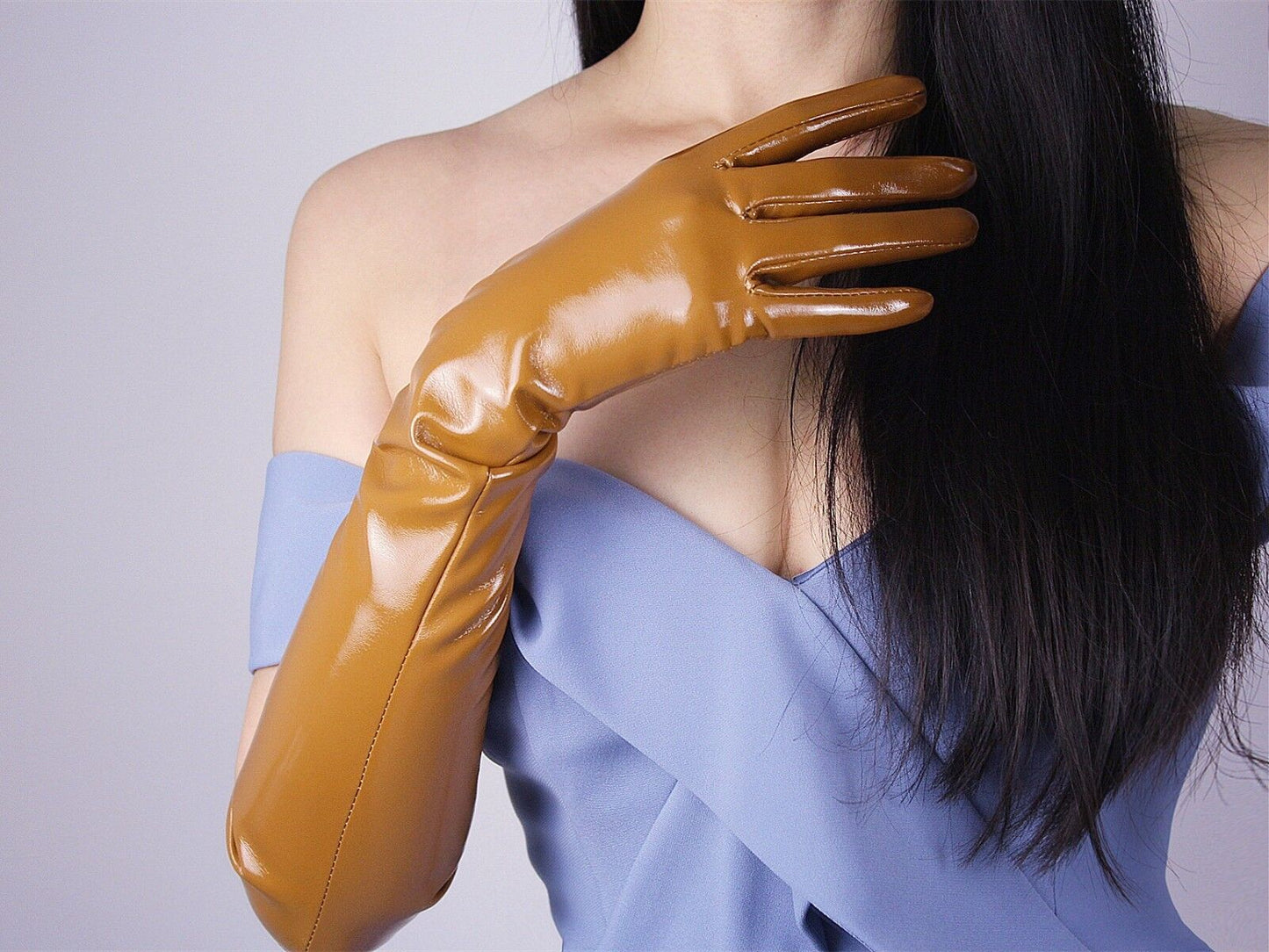 LATEX LONG GLOVES Shine Leather Faux Patent PU 20" 50cm Opera Evening Brown