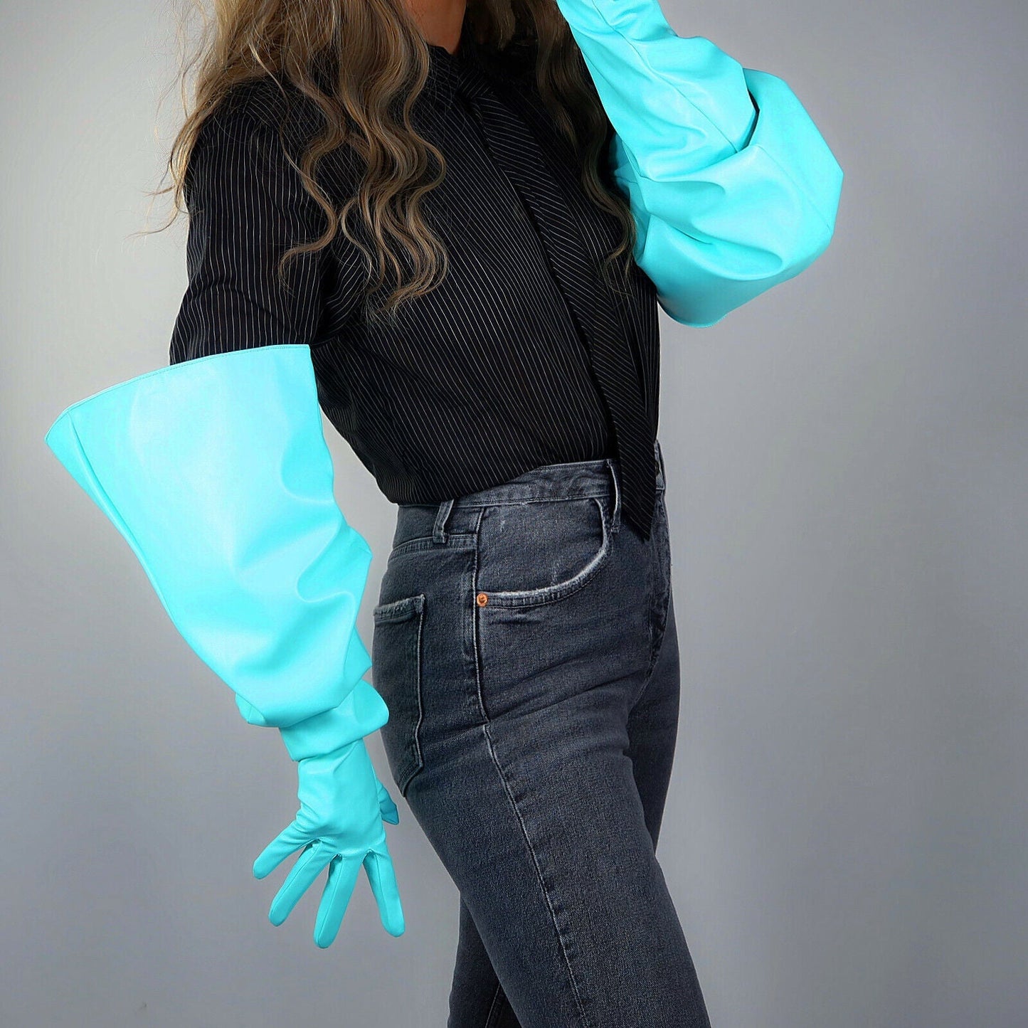 EXTRA LONG FASHION GLOVES Faux Leather 28" 70cm Aqua Light Blue L PUFF SLEEVES