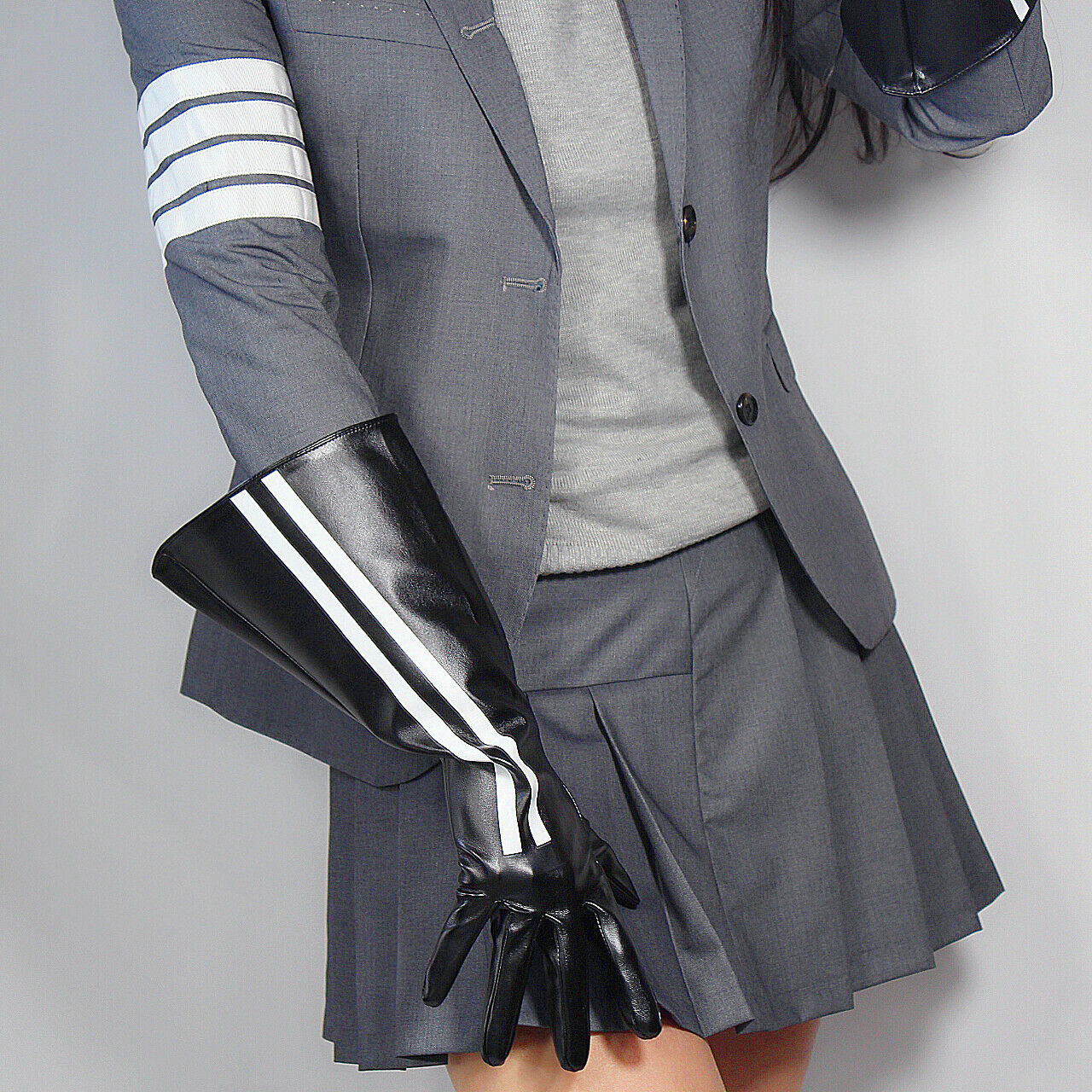 LONG GLOVES Unisex Black Faux Leather 38cm Big Puff Sleeves L Double Stripes