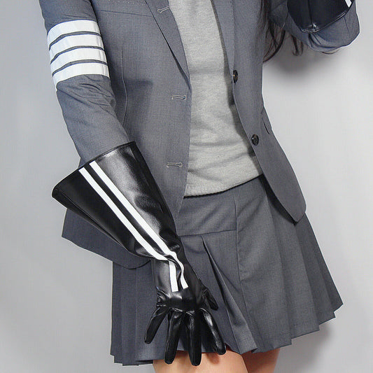 LONG GLOVES Unisex Black Faux Leather 38cm Big Puff Sleeves L Double Stripes