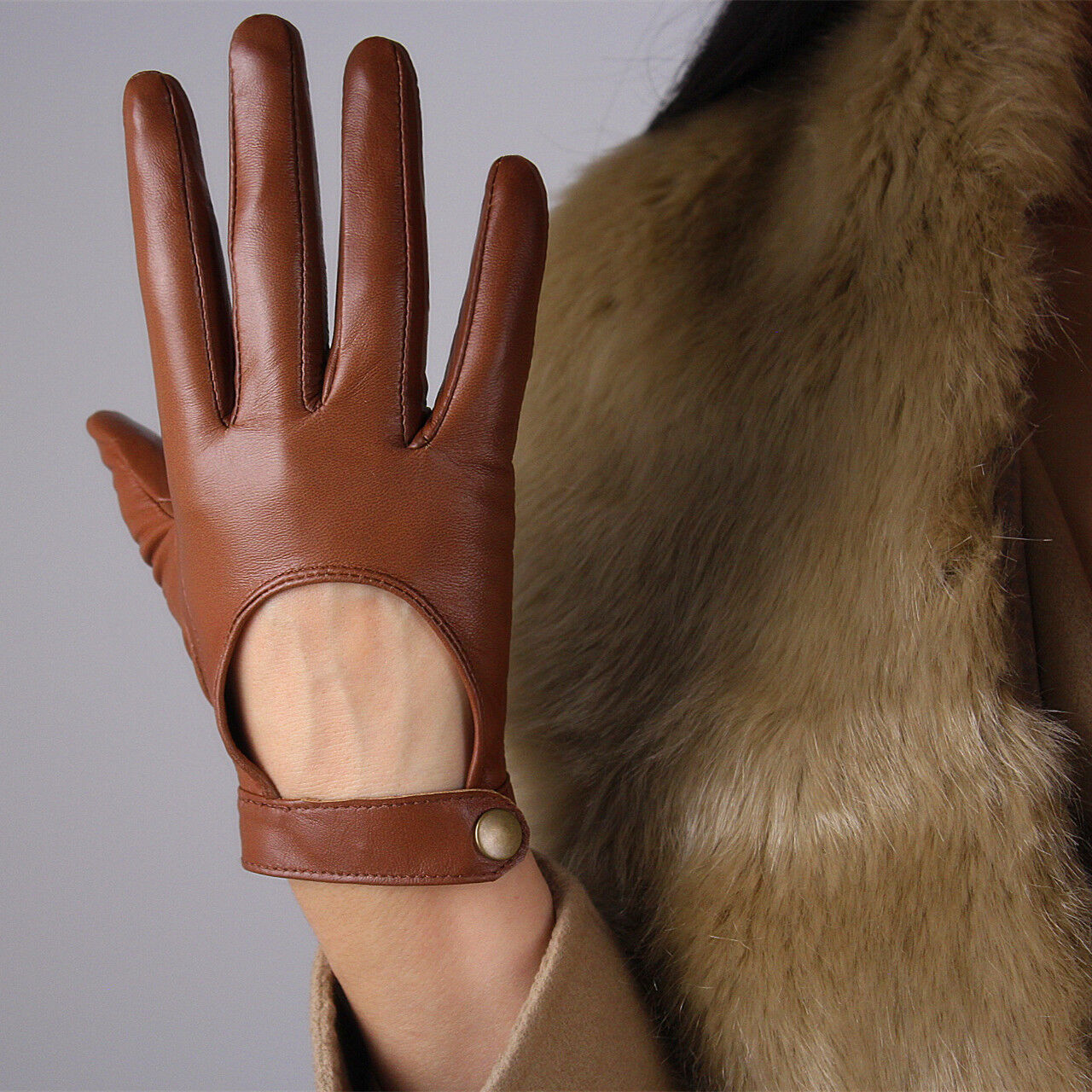 TECH GLOVES Real Leather Short Lambskin Sheepskin Brown Tan Camel Beige Caramel