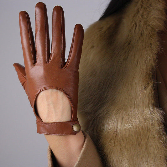 TECH GLOVES Real Leather Short Lambskin Sheepskin Brown Tan Camel Beige Caramel