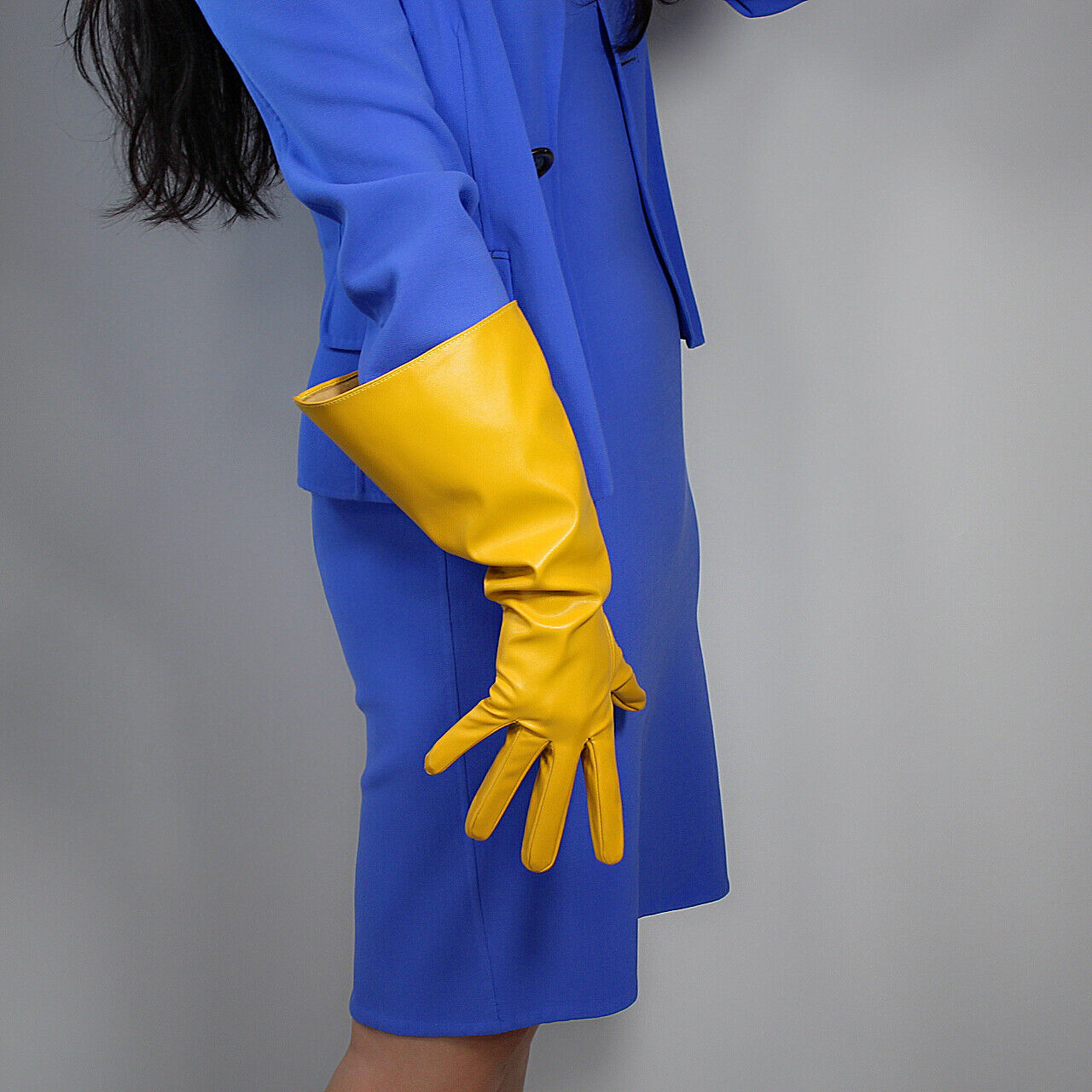 LONG GLOVES Unisex Ginger Yellow Faux Leather 38cm Wide Balloon Puff Sleeves L