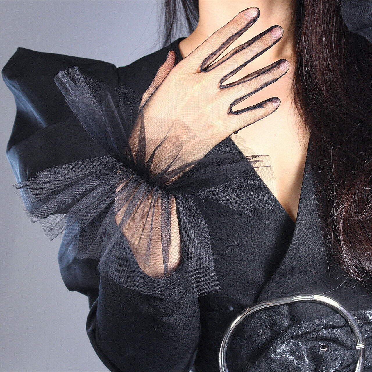 TULLE GLOVES Lace Semi Sheer Mesh Short Black Ruffle Hem Elastic Cuffs Lace Trim