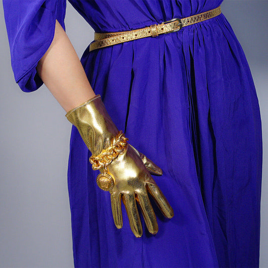 LATEX GLOVES Shine Leather Faux Patent PU Wrist Short 11" 28cm Everyday Golden