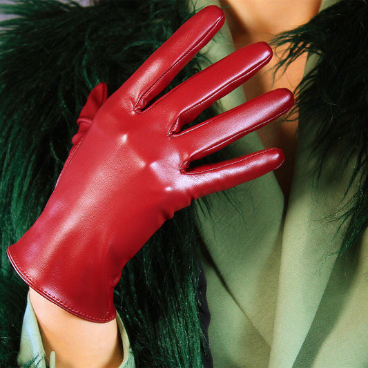 SHORT GLOVES Faux Leather Lambskin Sheepskin 8" 21cm Dark Red Burgendy Oxblood