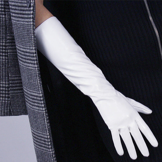 Shine Leather Faux Patent Leather 16" 40m Long Gloves Shine White Gothic Latex