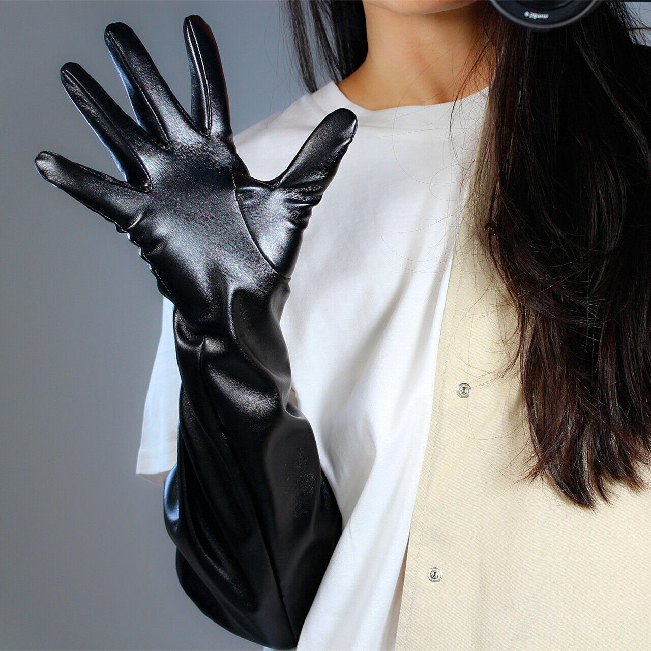 TECH LONG GLOVES Faux Leather PU 20" 50cm Black Elastic Band Cuff L PUFF SLEEVES