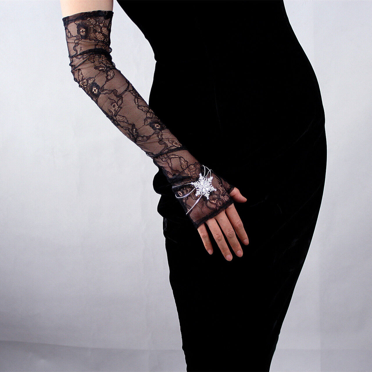 Lace Long Gloves Nylon Black Semi Sheer TECH Touchscreen Opera Evening Dress