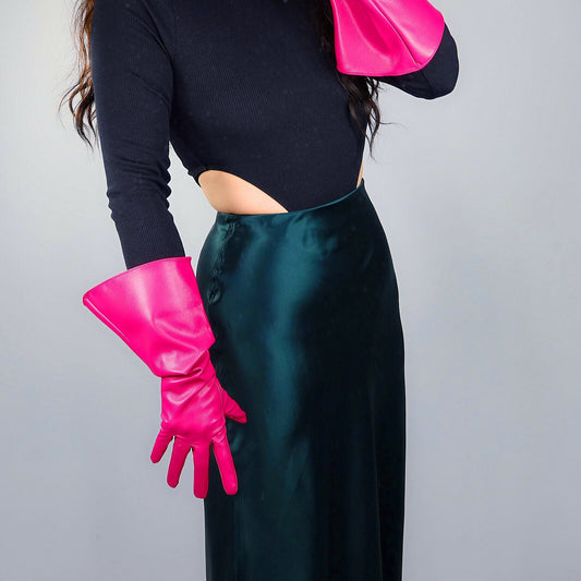 FASHION GLOVES Faux Leather 15" 38cm Long Elbow Rose Pink Fuchsia Loose Fit L