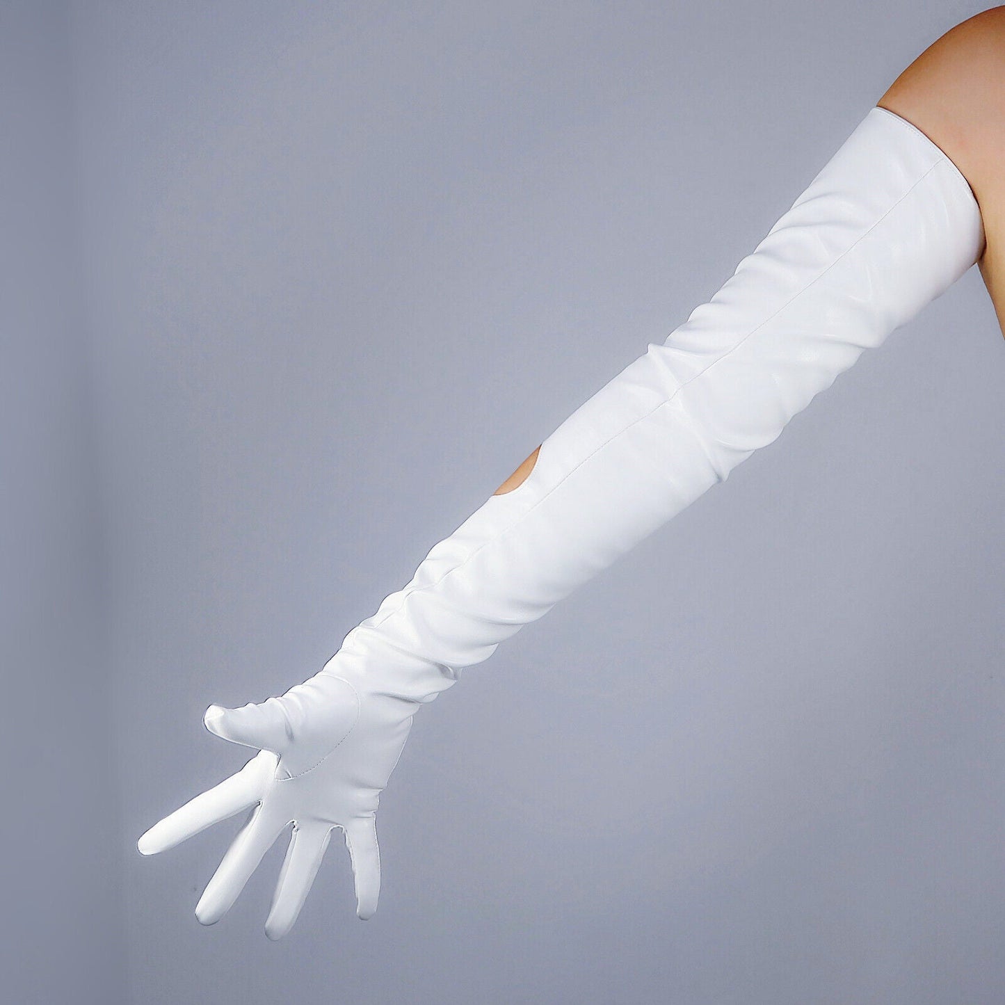 CUT OUT LONG GLOVES Faux Leather PU 28" 70cm White Extra Long Fitted Circle