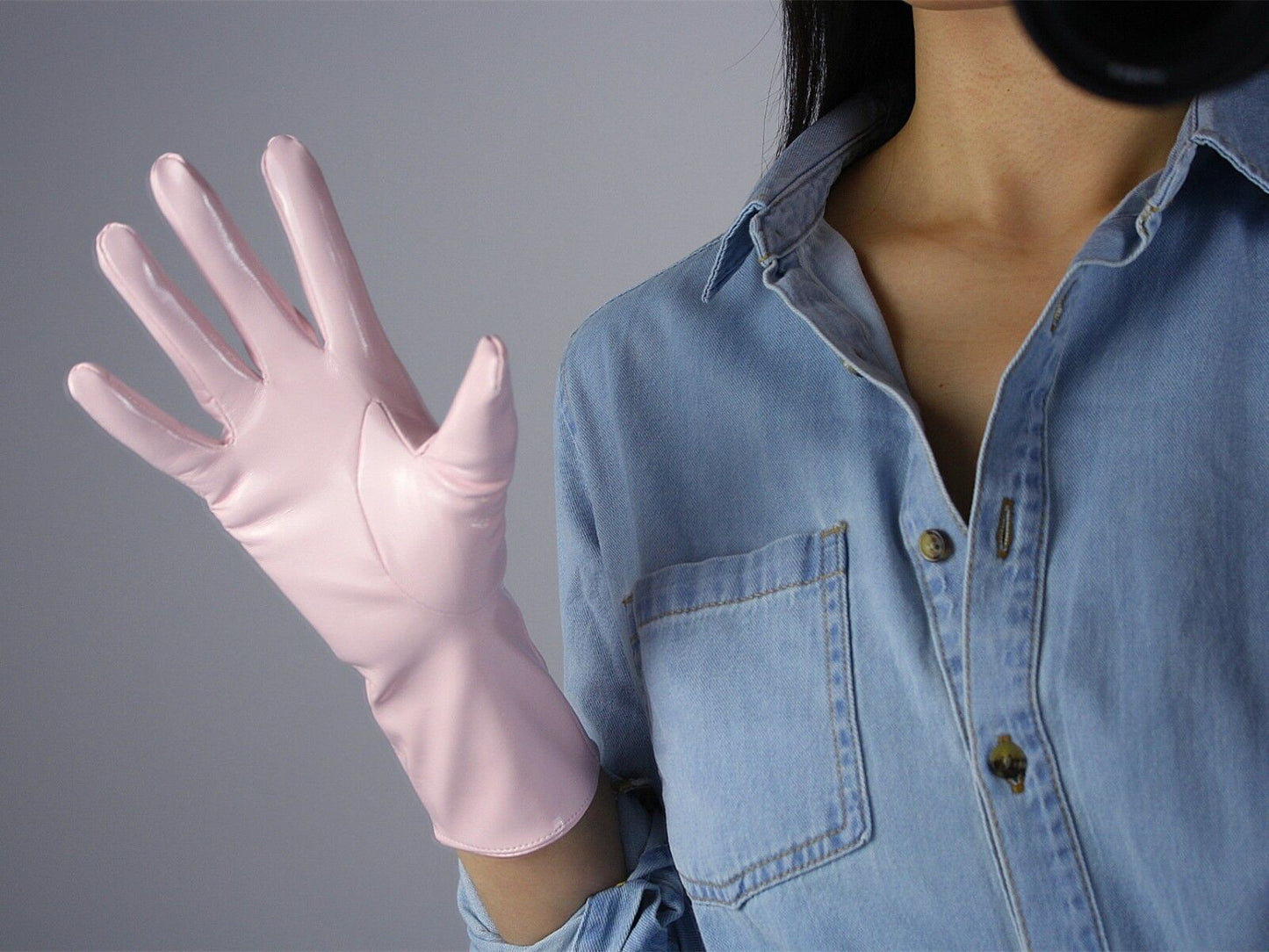 LATEX GLOVES Shine Leather Faux Patent PU 11" 28cm Short Wrist Daily Light Pink