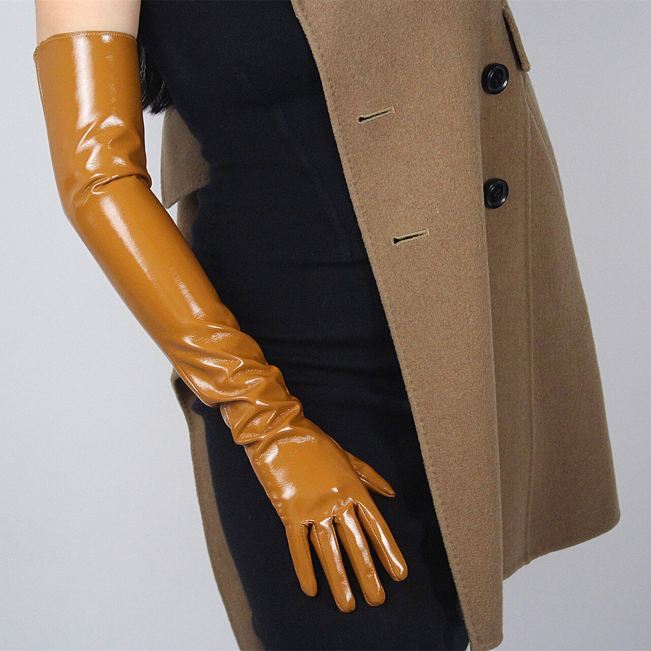 LATEX LONG GLOVES Shine Leather Faux Patent PU 24" 60cm Opera Evening Brown