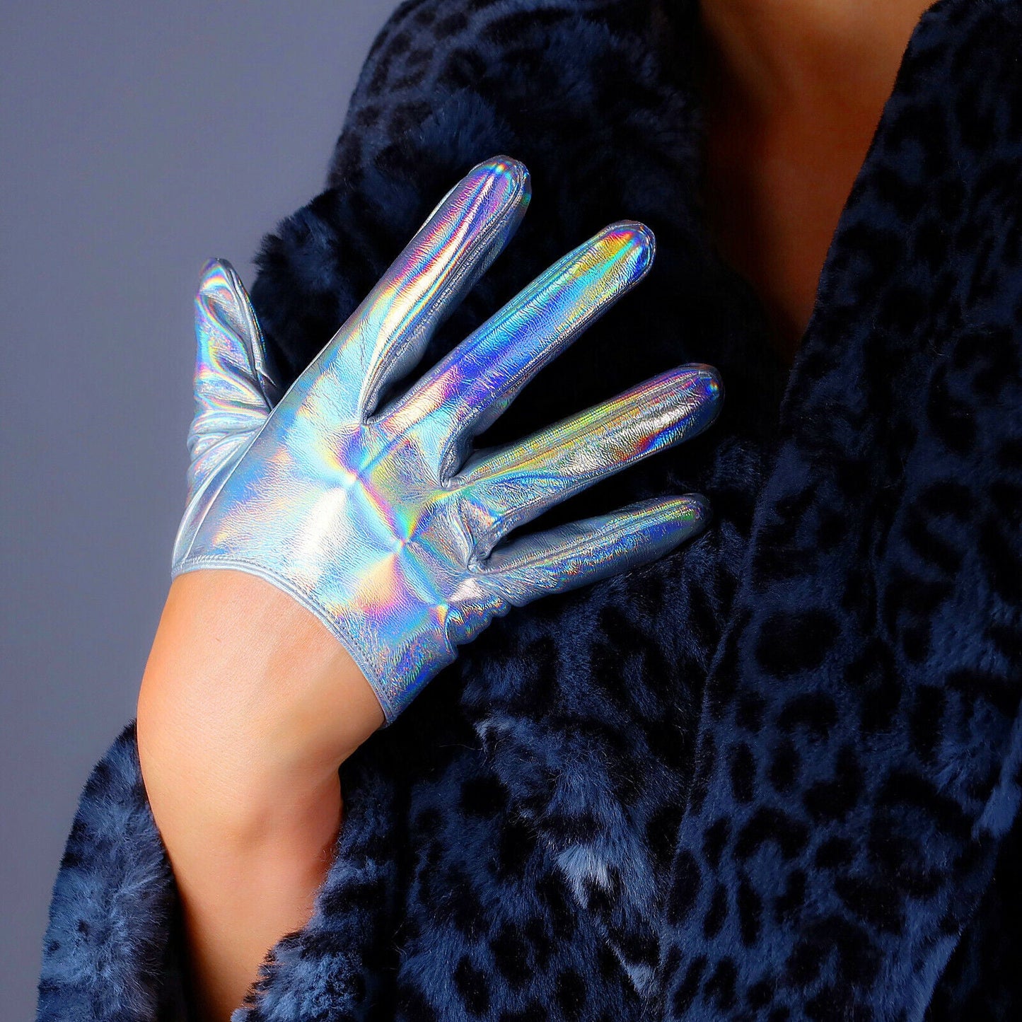 LATEX GLOVES Faux Patent Leather 5" 13cm Extra Short Hologram Silver Mermaid