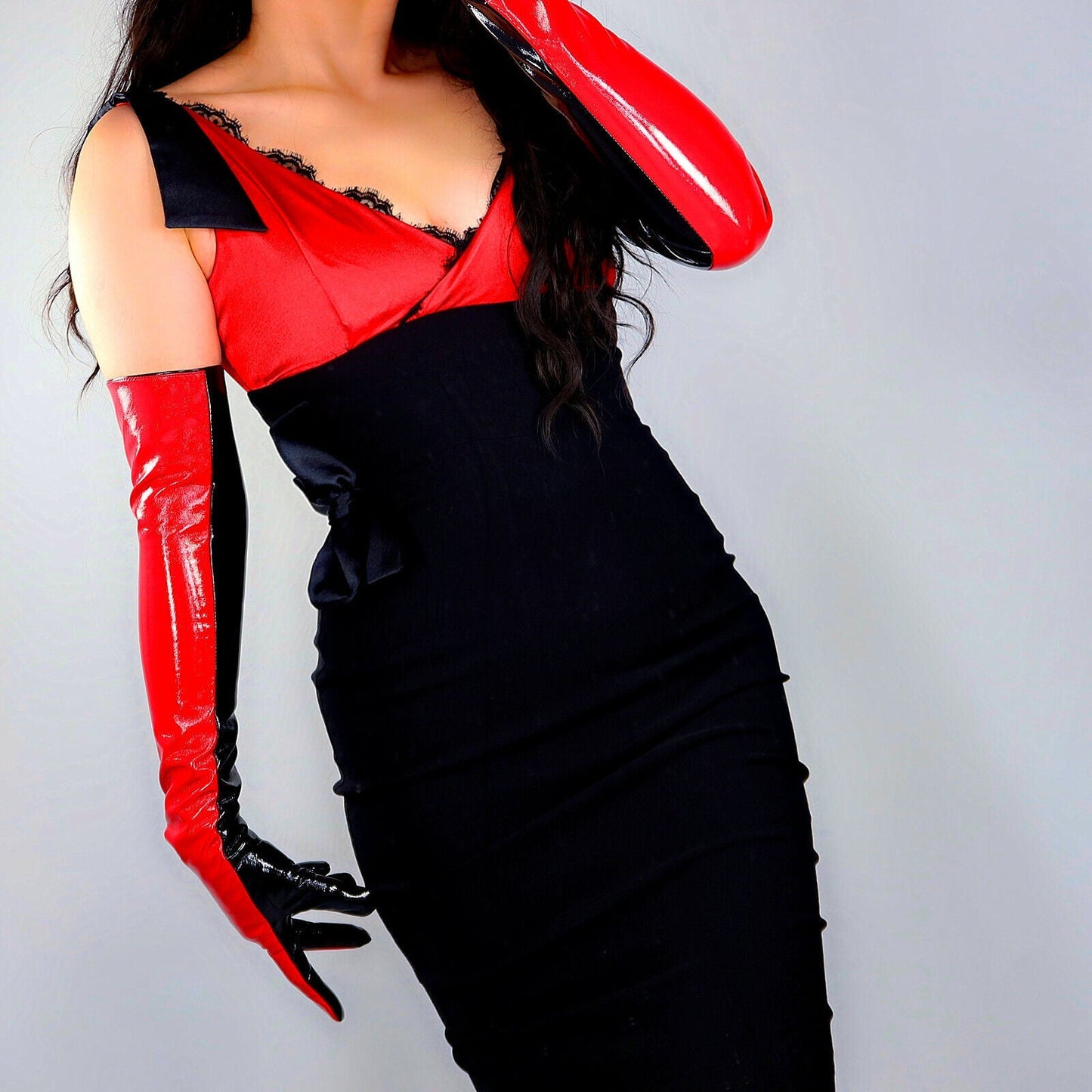 LONG LATEX GLOVES Vegan Leather 24" 60cm Shine Black & Red Contrast TWO TONE