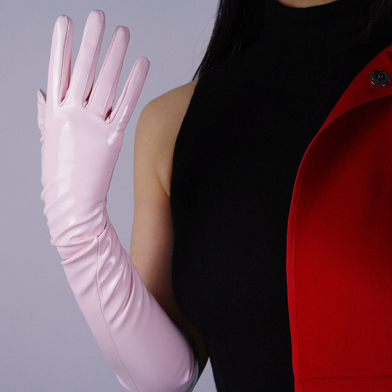 LATEX LONG GLOVES Shine Leather Faux Patent PU 20" 50cm Opera Evening Pink