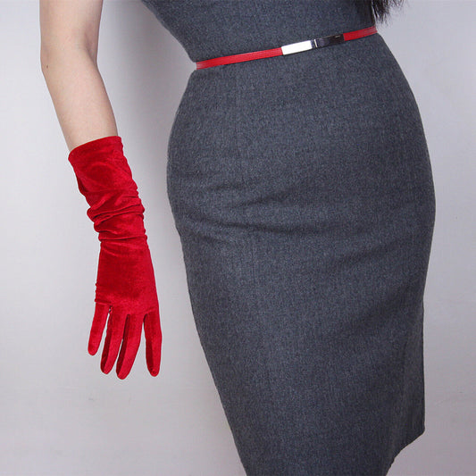 Velvet Gloves Elbow Long Elastic Stretchy Velours Flannel Red Touchscreen 40cm