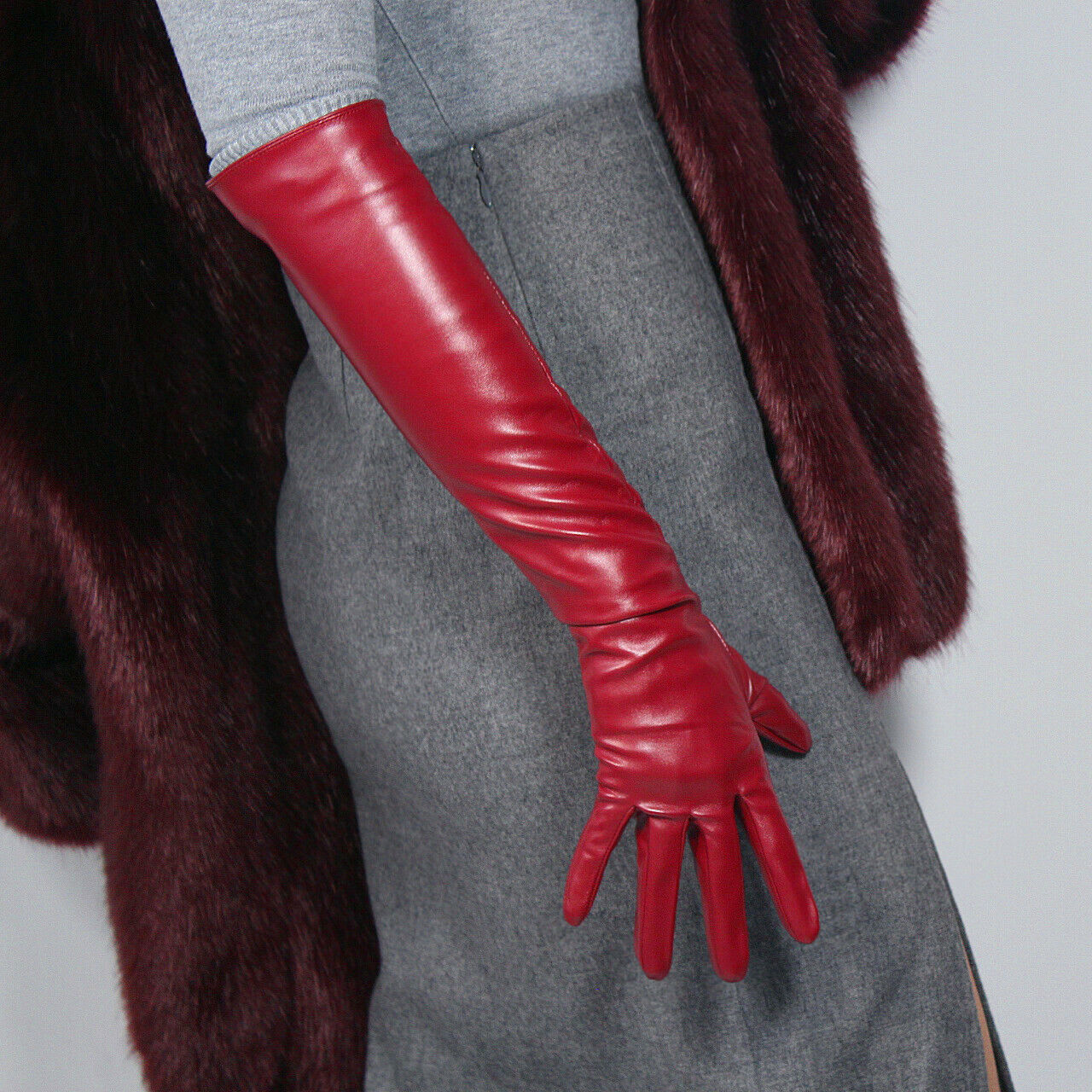 LONG GLOVES Faux Leather Lambskin Sheepskin 20" 50cm Dark Red Burgendy Oxblood