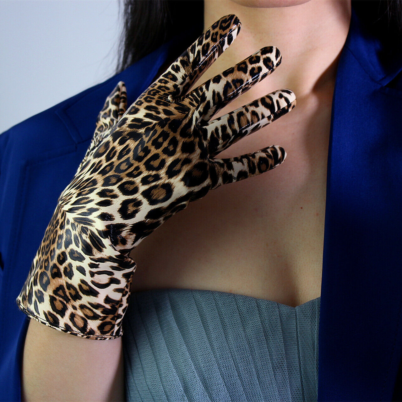 LATEX SHORT GLOVES Shine Leather PU 11" 28cm Animal Print Brown Cheetah Leopard