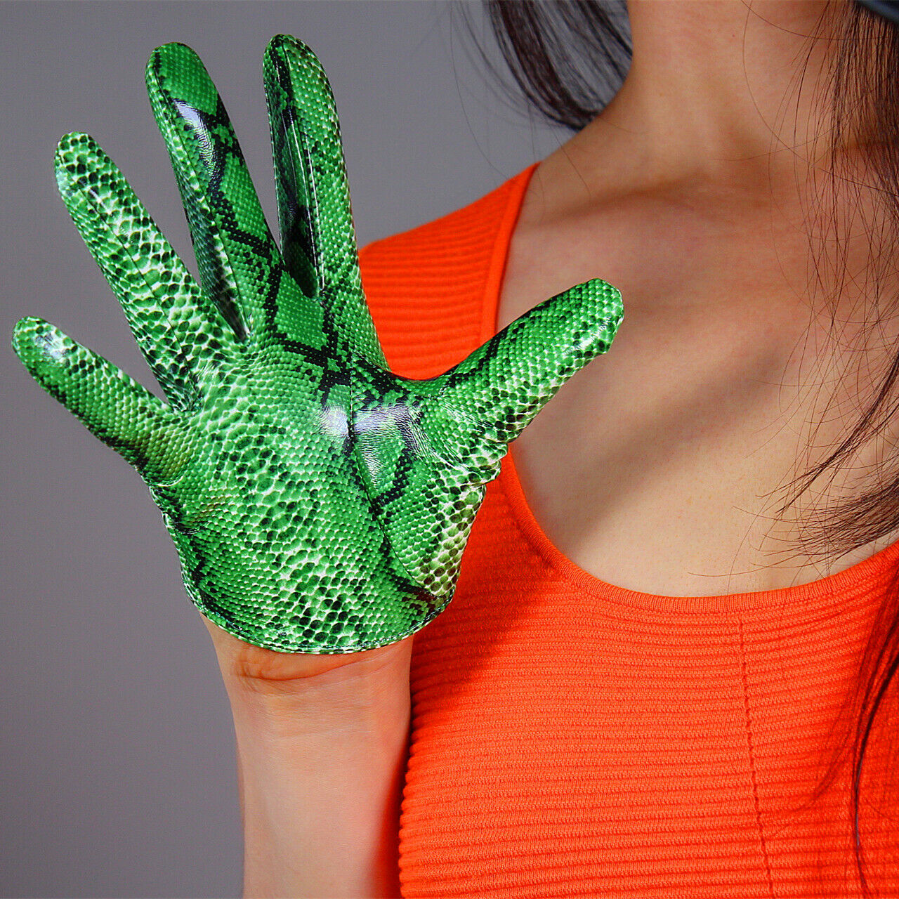 LATEX SHORT GLOVES Shine Leather PU 6" 13cm Animal Print Snakeskin Python Green