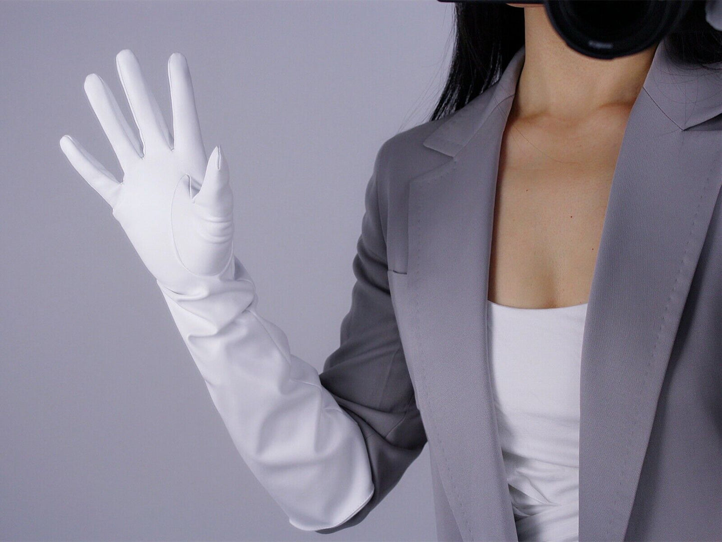 TECH LONG GLOVES Unisex White Faux Leather Elbow 50cm 20" Loose L PUFF SLEEVES