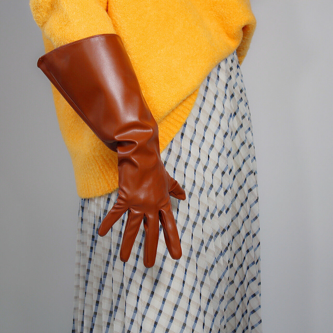 LONG GLOVES Unisex Sugar Tan Brown Faux Leather 38cm Wide Balloon Puff Sleeves L