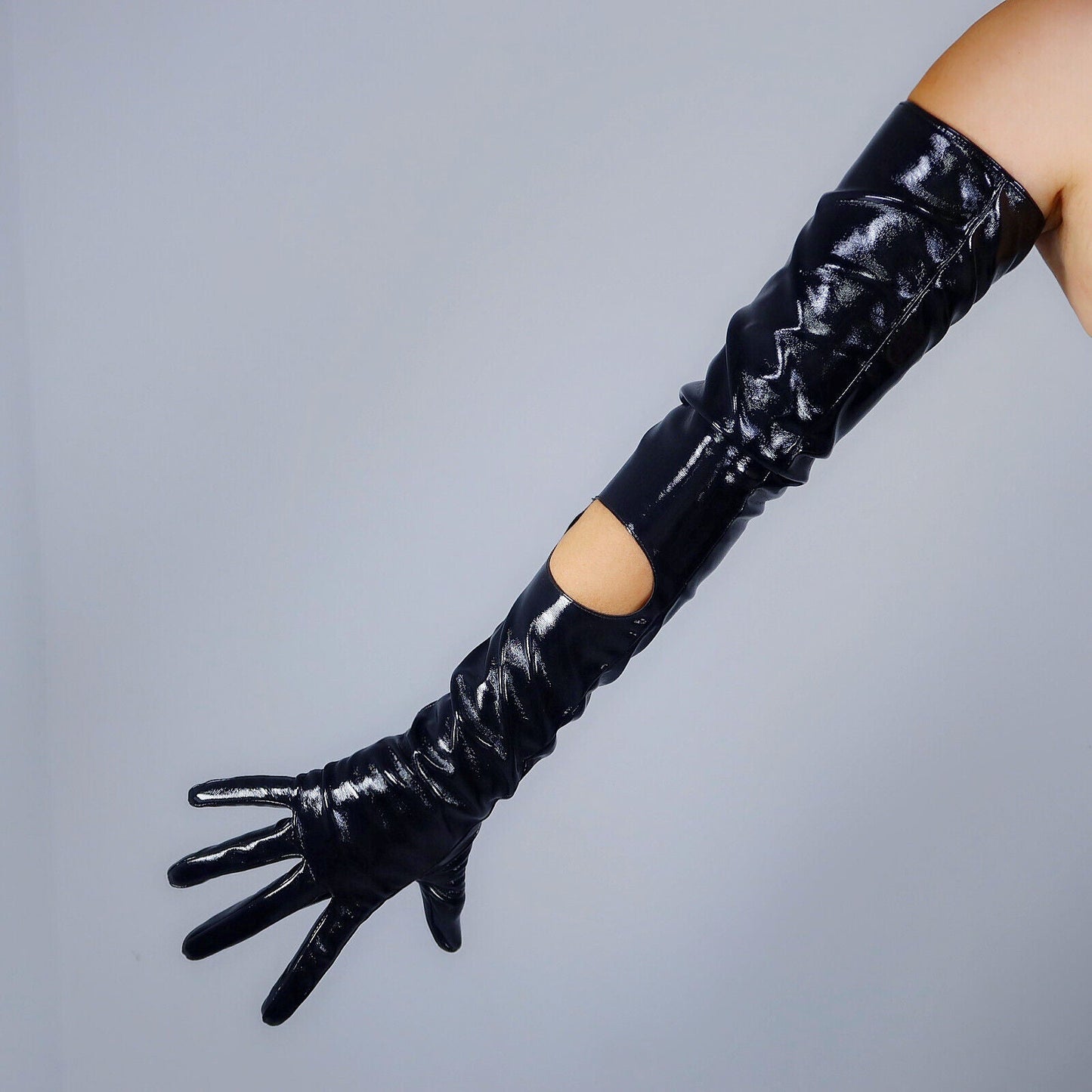 CUT OUT LONG GLOVES Patent Faux Leather 28" 70cm Shine Black Extra Long Circle