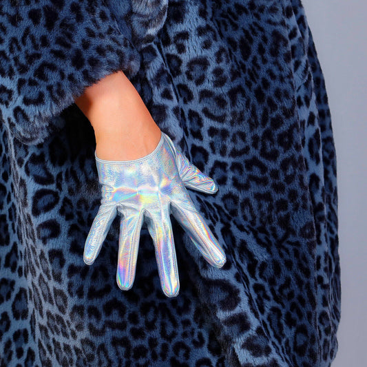 LATEX GLOVES Faux Patent Leather 5" 13cm Extra Short Hologram Silver Mermaid