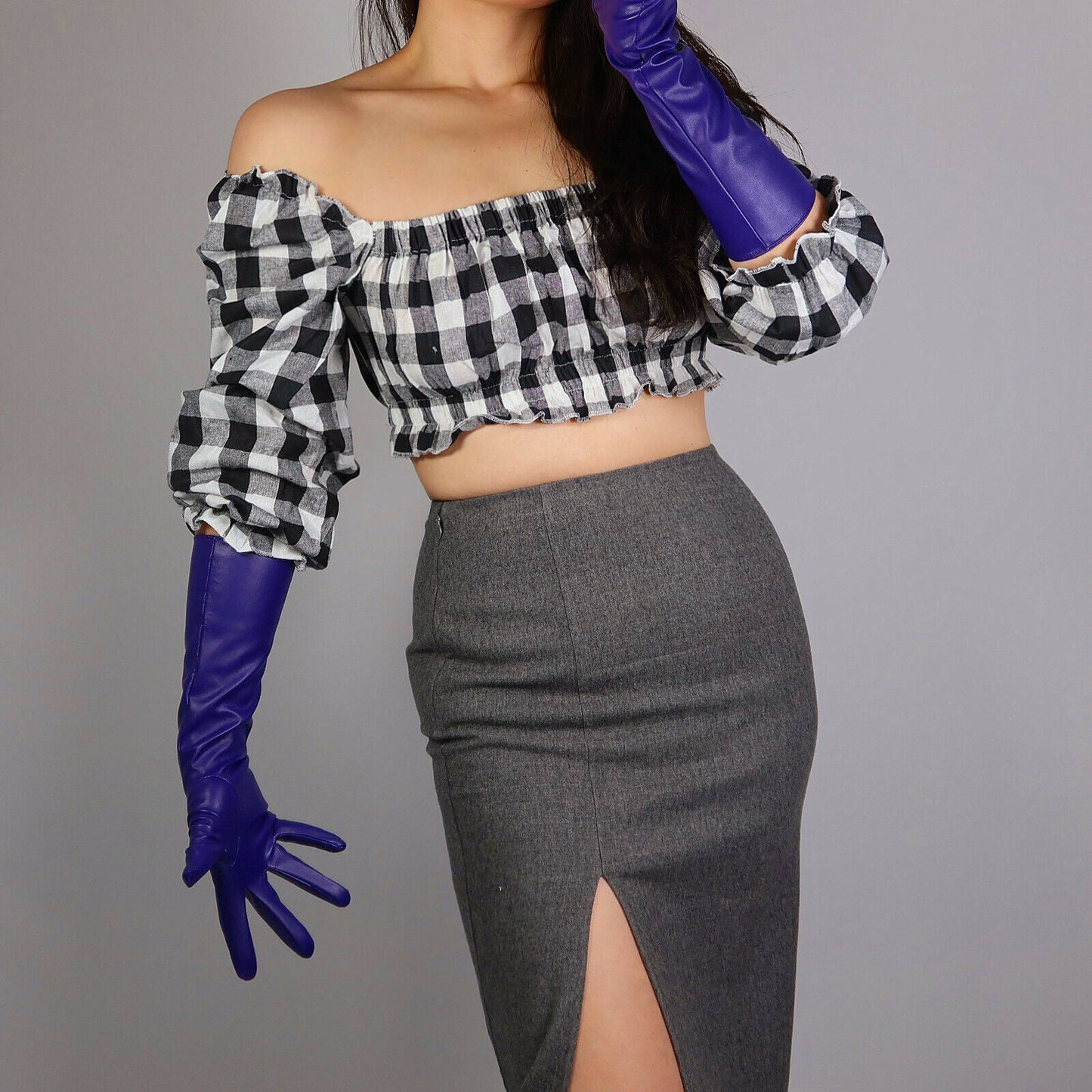 LONG FASHION GLOVES Faux Leather Sheepskin 16" 40cm Elbow Purple Ultra Violet