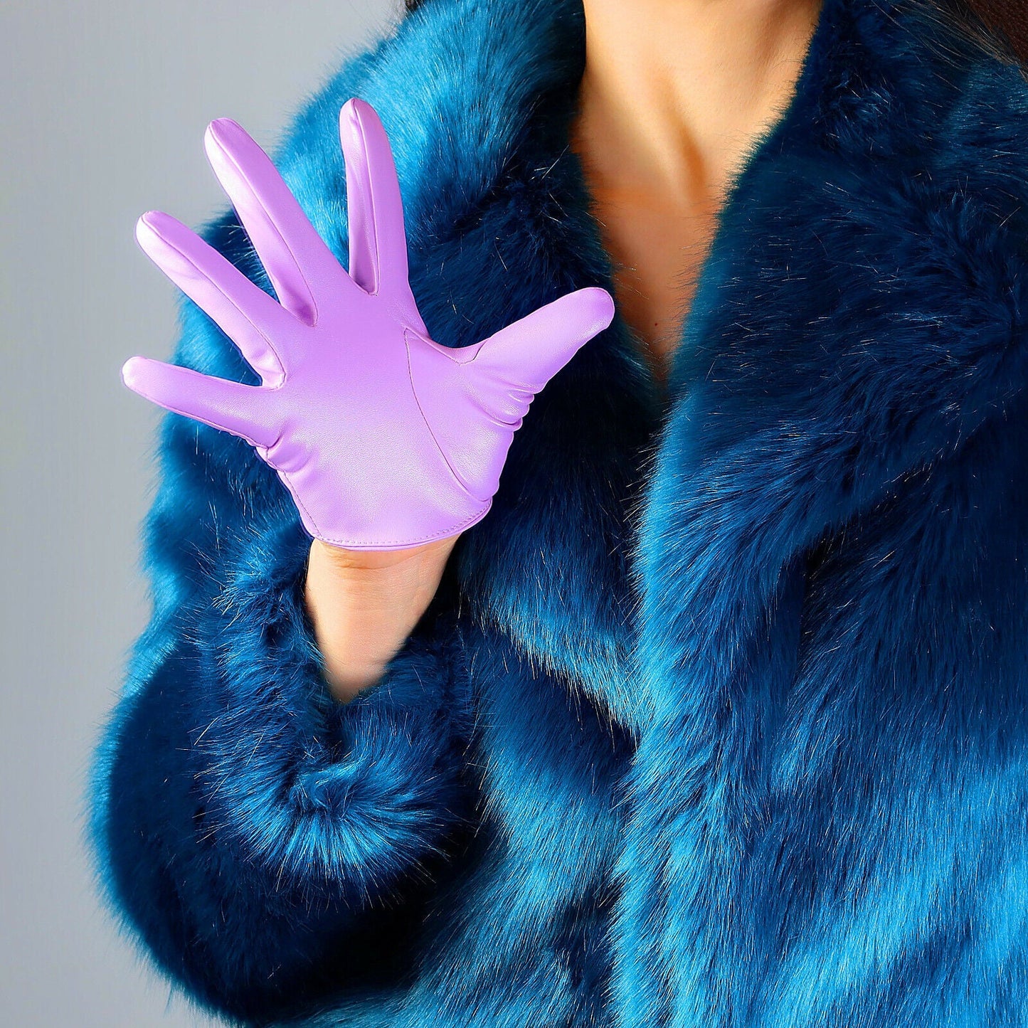 EXTRA SHORT FASHION GLOVES Faux Leather Sheepskin 5" 13cm Purple Lavender Lilac