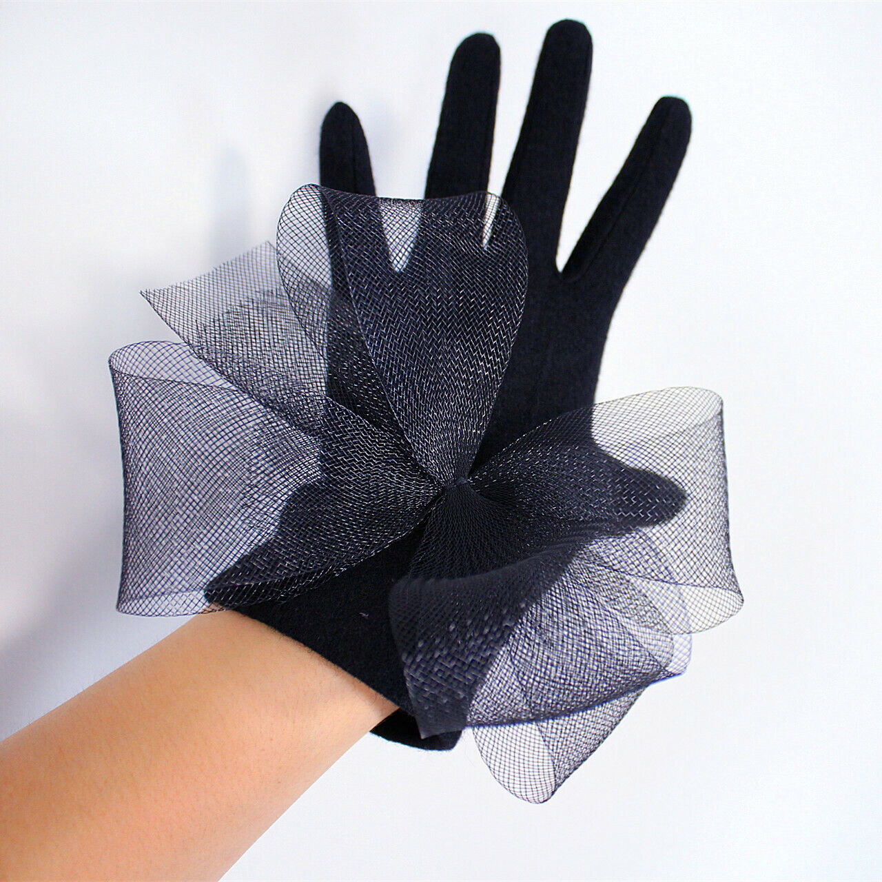 WOOL GLOVES w/ Extra Large Tulle Bows Black Lace Flower Knitting Dress Gloves