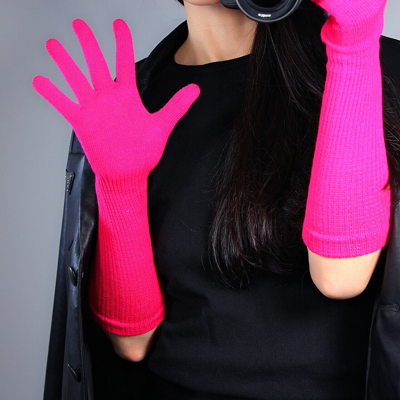 LONG KNIT GLOVES 40cm 16" Arm Warmer Elbow Mittens Women Cable Wool Rose Pink