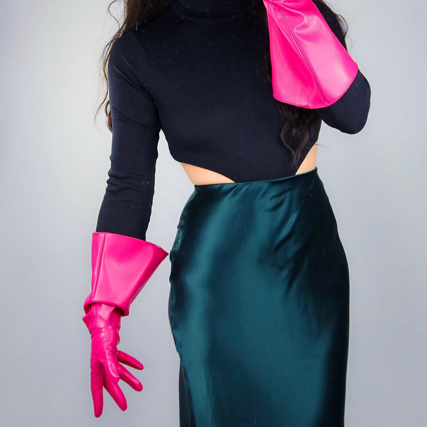 FASHION GLOVES Faux Leather 15" 38cm Long Elbow Rose Pink Fuchsia Loose Fit L